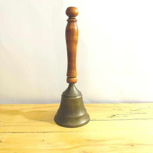 Vintage Handheld Brass Hand Bell Wood Handle Teacher School 8 3/4" - Picture 3 of 7